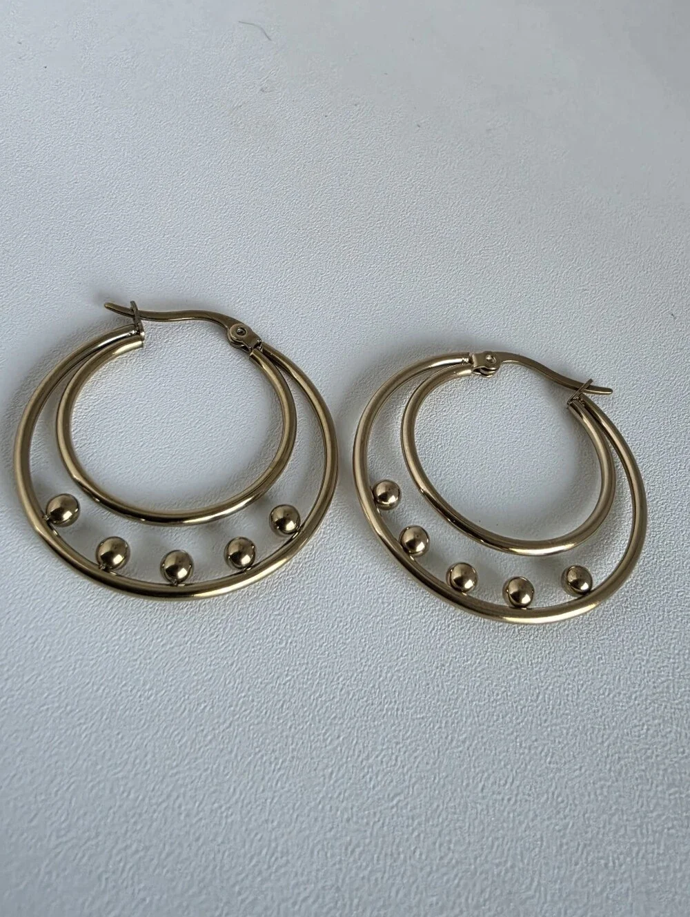 Stainless Steel Gold Double Hoop Beaded Earrings | Modern Minimalist Hoops - Picture 3 of 4